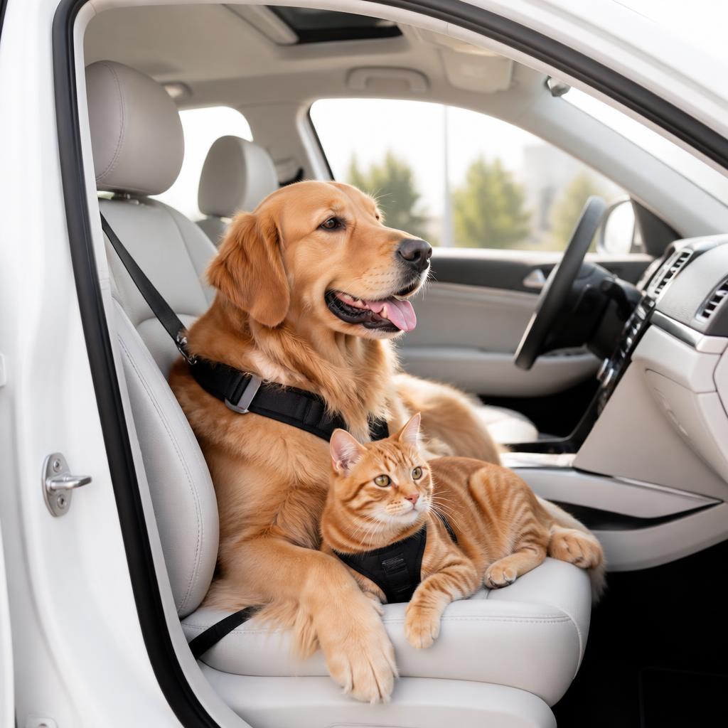Pet confortavelmente acomodado no banco do passageiro de um carro limpo e seguro